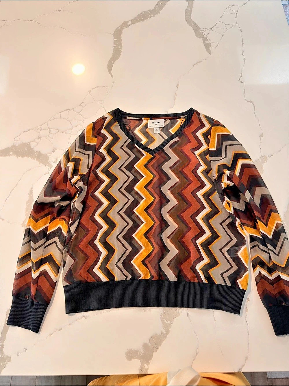 Sheer Chiffon Chevron / Zigzag V-Neck Long-Sleeve Blouse / Pullover Top